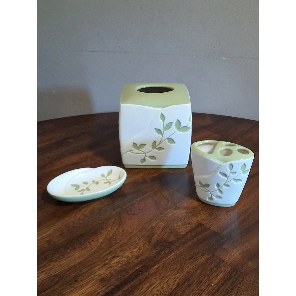 Bed Bath & Beyond Spring Lake Ceramic Bathroom Set Sage Green Leaf 3 Piece